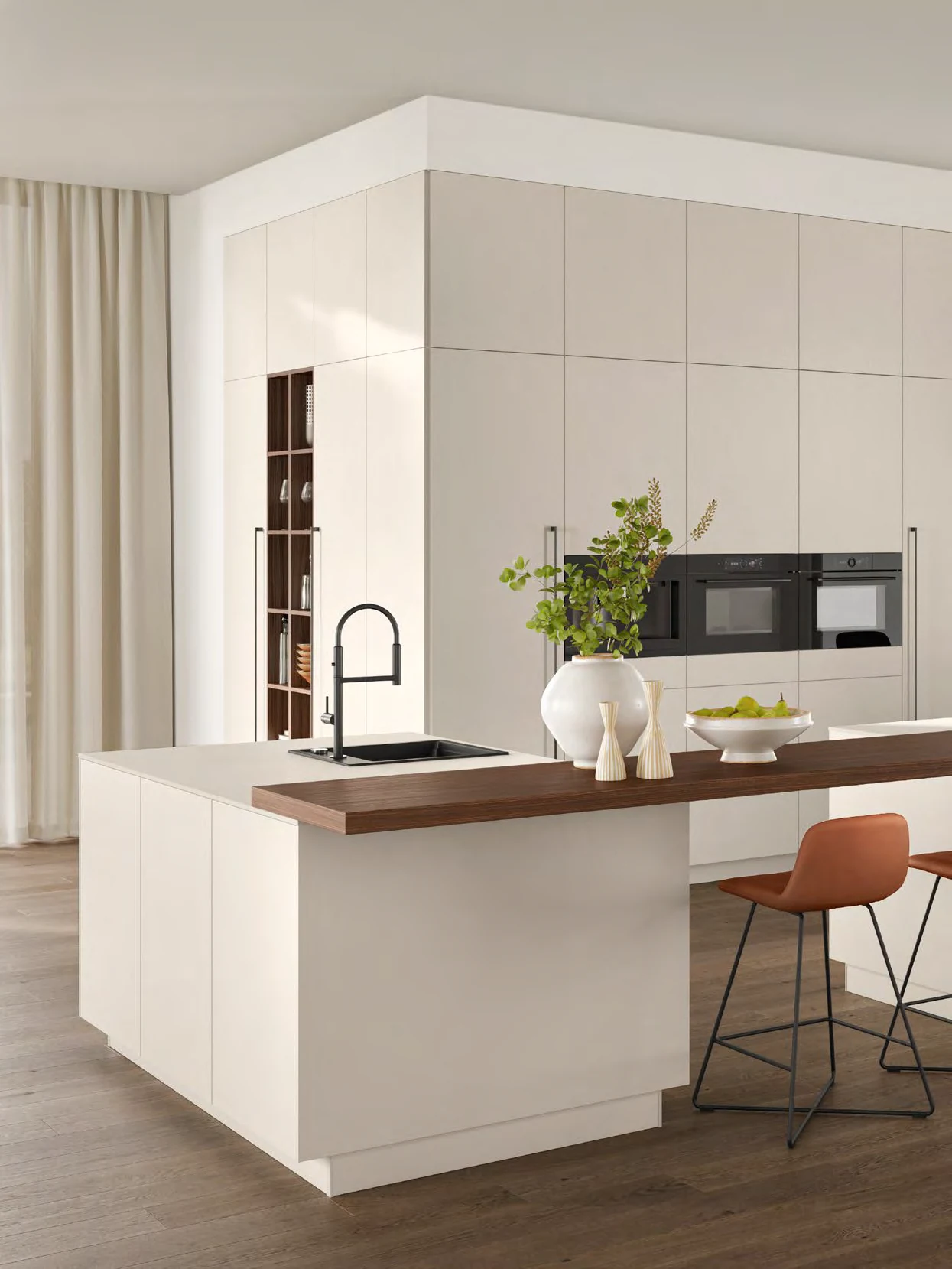 Sand-coloured cabinetry and a walnut-toned worktop in a Kutchenhaus brochure kitchen