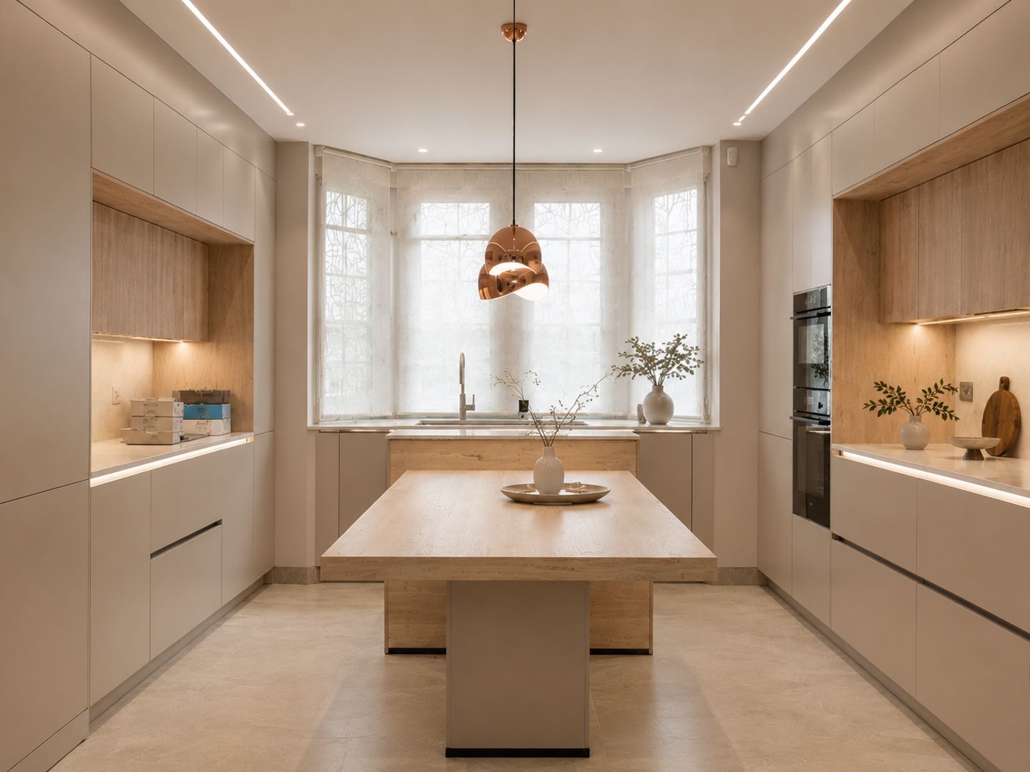 Bay-window galley with oak dining island