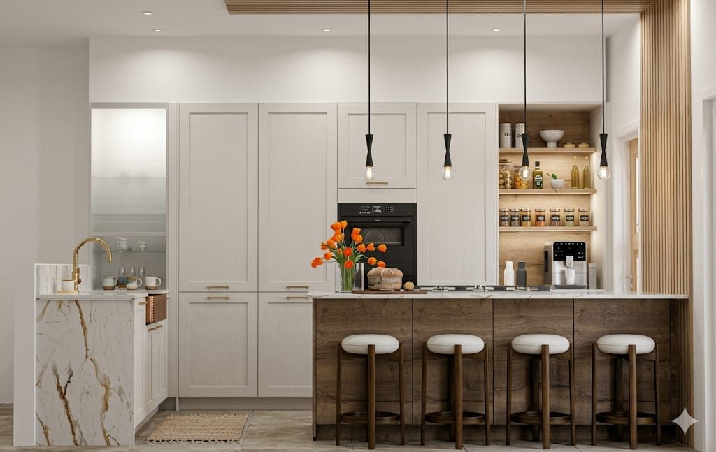 Shaker in stone with walnut breakfast bar