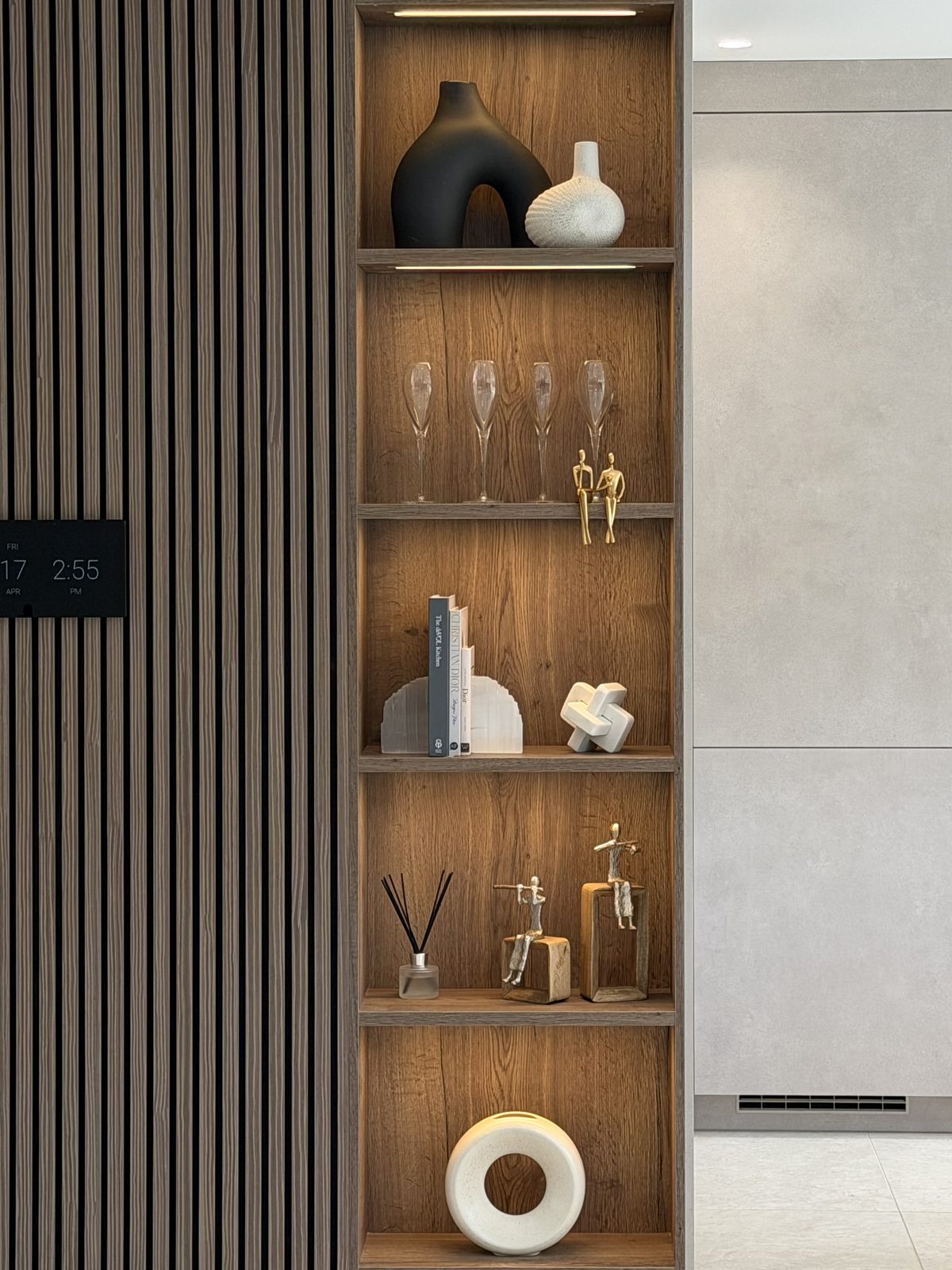 Slatted oak display shelving