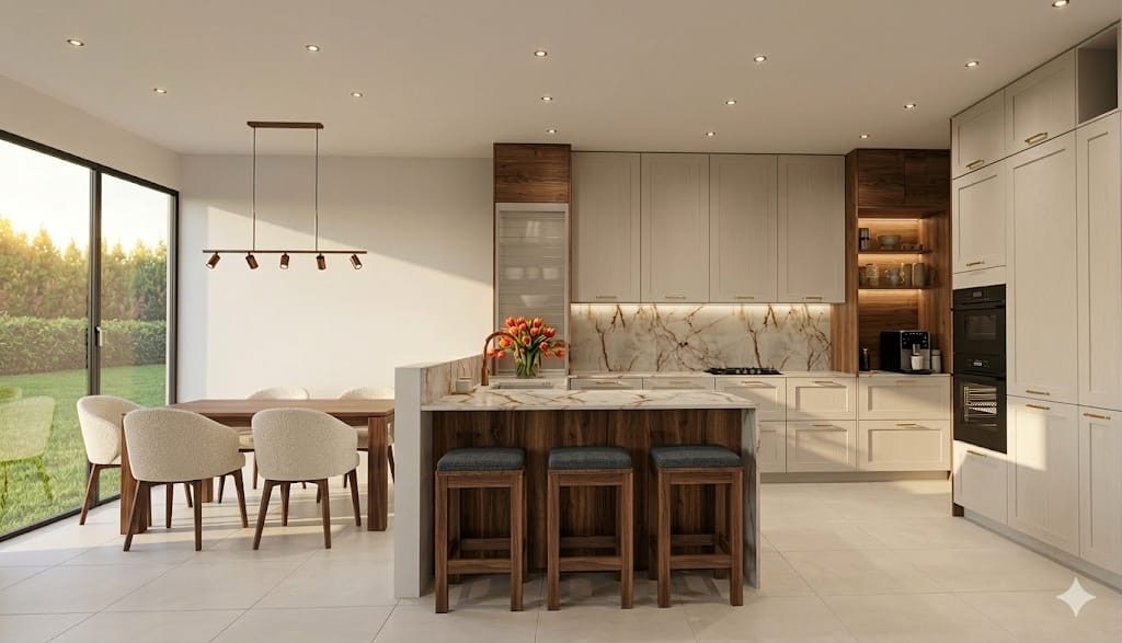 Walnut and marble with breakfast seating